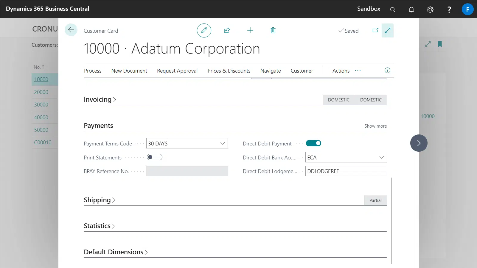 Customer Card showing Direct Debit fields
