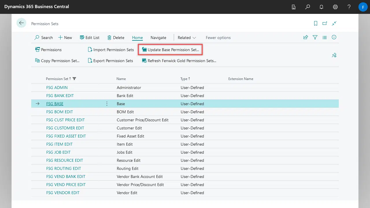 Permission Sets list page, highlighting the Update Base Permission Set button.