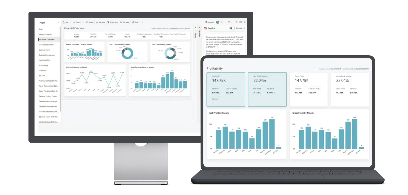 Two computers displaying the Microsoft Power BI interface. Microsoft has secured a licensing deal for Fenwick's Gold for Power BI packs, offering enhanced reporting integration with Business Central.