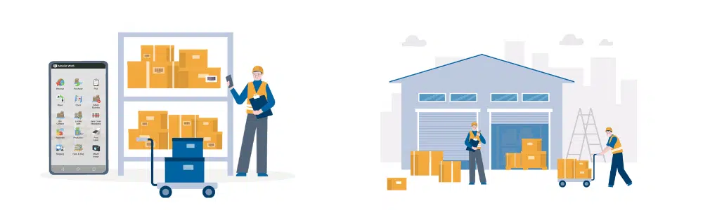 Workers in a warehouse using a mobile scanning solution to manage inventory. The scene shows employees scanning barcodes on boxes and trolleys, ensuring accurate tracking and organisation of stock within the warehouse environment.