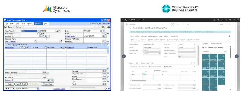 Dynamics GP vs Dynamics 365 Business Central interface comparison