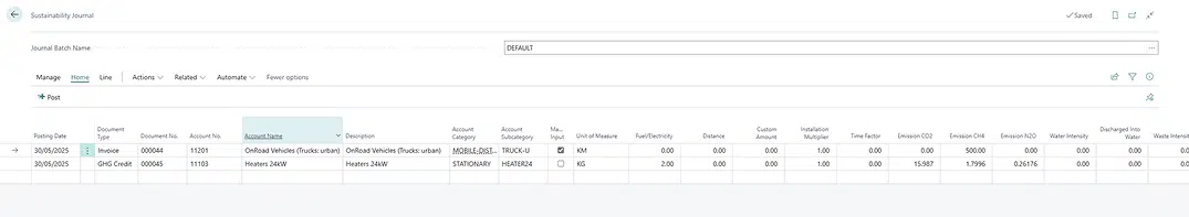 Sustainability Journal in Dynamics 365 Business Central