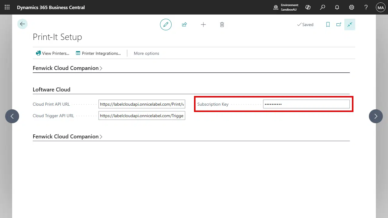 Entering Loftware Cloud subscription key on the Print-It Setup page.