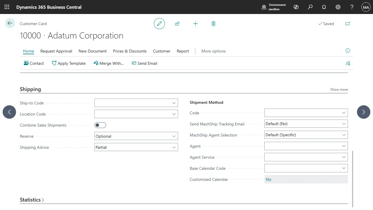 Customer Card showing Send MachShip Tracking Email field