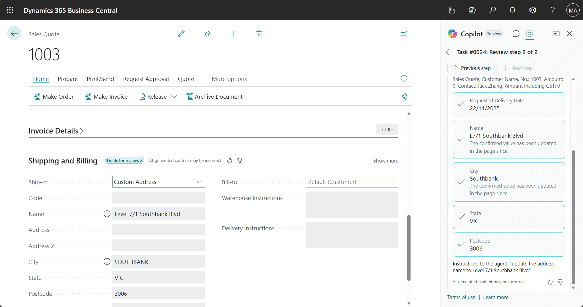Business Central Sales Quote Agent