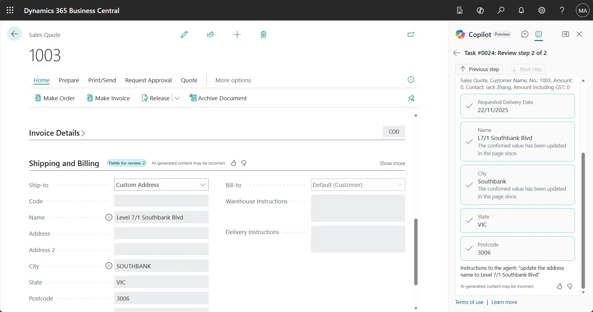 Business Central Sales Quote Agent